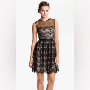 NWT Maggy London Black and Cream Lace Fit and Flare Mini Dress | Size 4